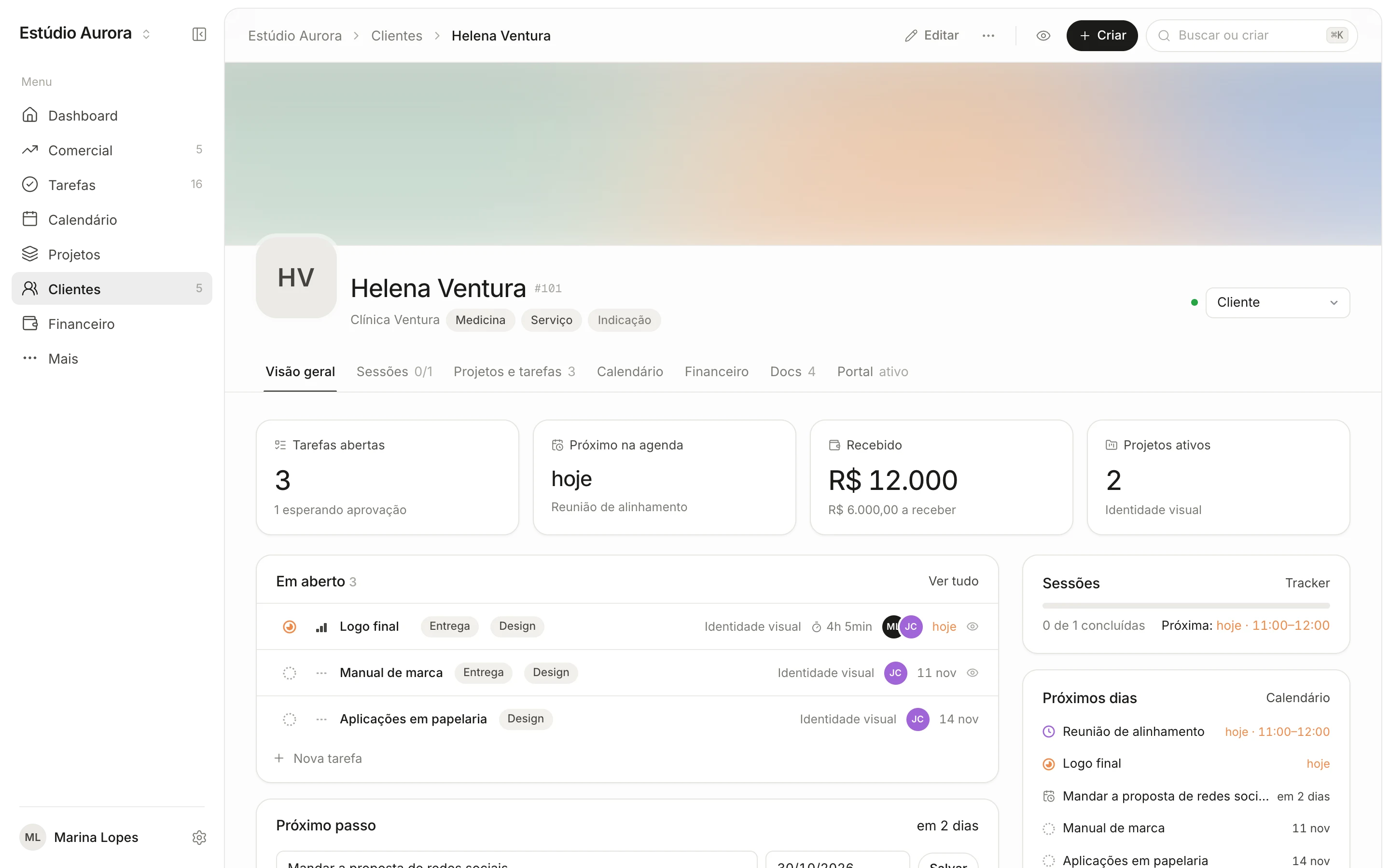 Página de um cliente com as abas de visão geral, sessões, projetos e tarefas, calendário, financeiro, documentos e portal